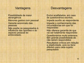 55
Vantagens
• Possibilidade de maior
abrangência
• Menores gastos com pessoal
• Garante anonimato das
pessoas
• Não expõe os pesquisados à
influência das opiniões e do
aspecto pessoal do
entrevistado.
Desvantagens
• Exclui analfabetos, em caso
de questionários escritos.
• Impede auxílio ao respondente
• Impede o conhecimento das
circunstâncias em que foi
respondido
• Não oferece garantia de que
vai ser totalmente respondido
• Questionários muito extensos
têm grande possibilidade de
não serem respondidos
• Resultados críticos em relação
a objetividade, pois os itens
diferem para cada sujeito
pesquisado
 