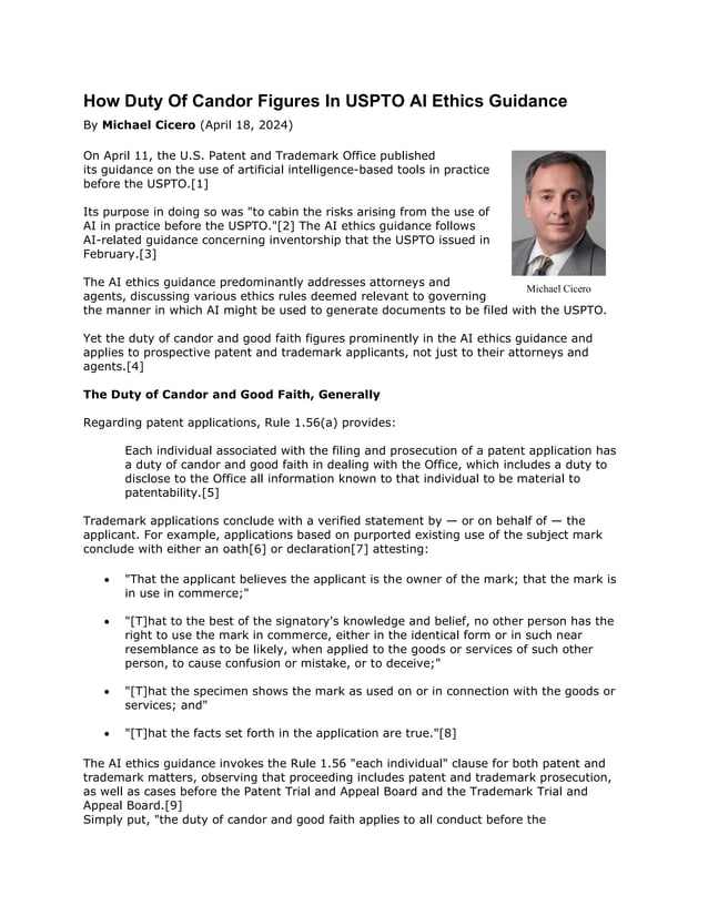 Law360 How Duty Of Candor Figures In USPTO AI Ethics Guidance PDF