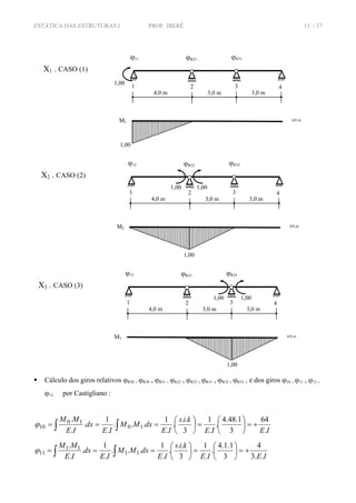 ESTÁTICA DAS ESTRUTURAS I PROF. IBERÊ 11 / 37
Cálculo dos giros relativos ϕR20 , ϕR30 , ϕR21 , ϕR22 , ϕR23 , ϕR31 , ϕR32 , ϕR33 , e dos giros ϕ10 , ϕ11 , ϕ12 ,
ϕ13, por Castigliano :
IEIE
kis
IE
dxMM
IE
dx
IE
MM
.
64
3
1.48.4
.
.
1
3
..
.
.
1
...
.
1
.
.
.
10
10
10 +=⎟
⎠
⎞
⎜
⎝
⎛
=⎟
⎠
⎞
⎜
⎝
⎛
=== ∫∫ϕ
IEIE
kis
IE
dxMM
IE
dx
IE
MM
..3
4
3
1.1.4
.
.
1
3
..
.
.
1
...
.
1
.
.
.
11
11
11 +=⎟
⎠
⎞
⎜
⎝
⎛
=⎟
⎠
⎞
⎜
⎝
⎛
=== ∫∫ϕ
M1 kN.m
1,00
X1 . CASO (1)
4,0 m 3,0 m3,0 m
1,00
1 2 3 4
ϕ11 ϕR21 ϕR31
M2 kN.m
1,00
X2 . CASO (2)
4,0 m 3,0 m3,0 m
1,00
1 2 3 4
ϕ12 ϕR22 ϕR32
1,00
M3 kN.m
1,00
X3 . CASO (3)
4,0 m 3,0 m3,0 m
1,00
1 2 3 4
ϕ13 ϕR23 ϕR33
1,00
 