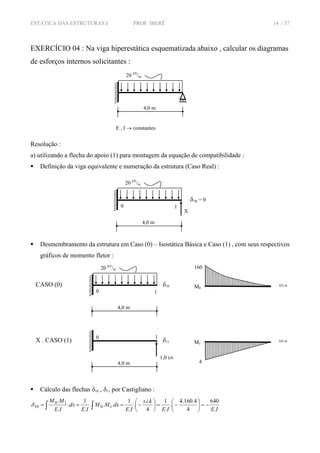 ESTÁTICA DAS ESTRUTURAS I PROF. IBERÊ 14 / 37
EXERCÍCIO 04 : Na viga hiperestática esquematizada abaixo , calcular os diagramas
de esforços internos solicitantes :
Resolução :
a) utilizando a flecha do apoio (1) para montagem da equação de compatibilidade :
Definição da viga equivalente e numeração da estrutura (Caso Real) :
Desmembramento da estrutura em Caso (0) – Isostática Básica e Caso (1) , com seus respectivos
gráficos de momento fletor :
Cálculo das flechas δ10 , δ11 por Castigliano :
IEIE
kis
IE
dxMM
IE
dx
IE
MM
.
640
4
4.160.4
.
.
1
4
..
.
.
1
...
.
1
.
.
.
10
10
10 −=⎟
⎠
⎞
⎜
⎝
⎛
−=⎟
⎠
⎞
⎜
⎝
⎛
−=== ∫∫δ
4,0 m
E , I → constantes
20 kN
/m
4,0 m
X
20 kN
/m
0 1
δ1R = 0
M0
kN.mCASO (0)
4,0 m
20 kN
/m
0 1
δ10
M1
kN.mX . CASO (1)
4,0 m
0 1
δ11
1,0 kN
4
160
 
