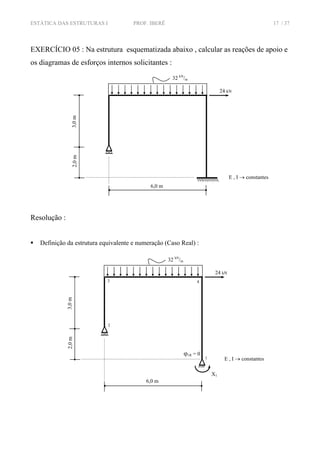 ESTÁTICA DAS ESTRUTURAS I PROF. IBERÊ 17 / 37
EXERCÍCIO 05 : Na estrutura esquematizada abaixo , calcular as reações de apoio e
os diagramas de esforços internos solicitantes :
Resolução :
Definição da estrutura equivalente e numeração (Caso Real) :
32 kN
/m
6,0 m
E , I → constantes
3,0m2,0m
24 kN
X1
ϕ1R = 0
32 kN
/m
6,0 m
E , I → constantes
3,0m2,0m
24 kN
2
1
3 4
 