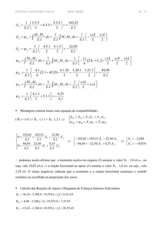 ESTÁTICA DAS ESTRUTURAS I PROF. IBERÊ 30 / 37
IEIE .
33,183
3
5.5.5
5.5.4
3
5.5.5
.
.
1
11 +=⎟
⎠
⎞
⎜
⎝
⎛
++=δ
⎟
⎠
⎞
⎜
⎝
⎛
−−==== ∫∫ 2
..
2
..
.
.
1
...
.
1
.
.
.
21
21
2112
kiskis
IE
dxMM
IE
dx
IE
MM
ϕδ
IEIE .
50,22
2
5.1.5
2
1.5.4
.
.
1
2112 −=⎟
⎠
⎞
⎜
⎝
⎛
−−== ϕδ
( ) ⎥⎦
⎤
⎢⎣
⎡
−+++−=== ∫∫ 2
..
2
..
3
..
.2.
6
.
.
.
1
...
.
1
.
.
.
2120
20
20
kiskiskis
kk
is
IE
dxMM
IE
dx
IE
MM
ϕ
( )
IEIE .
50,44
2
1.21.1
2
1.20.5
3
26.1.4
5,421.2.
6
1.4
.
.
1
20 +=⎥⎦
⎤
⎢⎣
⎡
−+++−=ϕ
⎟
⎠
⎞
⎜
⎝
⎛
+=== ∫∫ kis
kis
IE
dxMM
IE
dx
IE
MM
..
3
..
.
.
1
...
.
1
.
.
.
22
22
22ϕ
IEIE .
33,6
1.1.5
3
1.1.4
.
.
1
22 +=⎟
⎠
⎞
⎜
⎝
⎛
+=ϕ
Montagem sistema linear com equação de compatibilidade :
( R ) = ( 0 ) + X1 . ( 1 ) + X2 . ( 2 ) ⇒
⎩
⎨
⎧
++=
++=
222211202
122111101
..
..
ϕϕϕϕ
δδδδ
XX
XX
R
R
⎪
⎪
⎩
⎪⎪
⎨
⎧
+−=
−+=
21
21
.
.
33,6
.
.
50,22
.
50,44
0
.
.
50,22
.
.
33,183
.
02,192
0
X
IE
X
IEIE
X
IE
X
IEIE
⇒
⎩
⎨
⎧
+−=−
−=−
21
21
.33,6.50,2250,44
.50,22.33,18302,192
XX
XX
⇒
⎩
⎨
⎧
−=
−=
074,19
388,3
2
1
X
X
∴ podemos assim afirmar que o momento reativo no engaste (2) assume o valor X2 . 1,0 kN.m , ou
seja, vale 19,07 kN.m ; e a reação horizontal no apoio (1) assume o valor X1 . 1,0 kN, ou seja , vale
3,39 kN. O sinais negativos indicam que o momento e a reação horizontal assumem o sentido
contrário ao escolhido na proposição dos casos .
Cálculo das Reações de Apoio e Diagrama de Esforços Internos Solicitantes
( )1
41 36,38 3,388.0 19,074. 31,61VR kN= − − + =
( )2 4,00 3,388. 1 19,074.0 7,39HR kN= − − − =
( )1
42 15,62 3,388.0 19,074. 20,39VR kN= − − − =
 