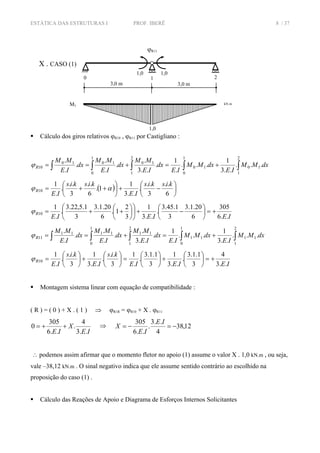 ESTÁTICA DAS ESTRUTURAS I PROF. IBERÊ 8 / 37
Cálculo dos giros relativos ϕR10 , ϕR11 por Castigliano :
∫∫∫∫∫ +=+==
2
1
10
1
0
10
2
1
10
1
0
1010
10 ...
..3
1
...
.
1
.
..3
.
.
.
.
.
.
.
dxMM
IE
dxMM
IE
dx
IE
MM
dx
IE
MM
dx
IE
MM
Rϕ
( ) ⎟
⎠
⎞
⎜
⎝
⎛
−+⎟
⎠
⎞
⎜
⎝
⎛
++=
6
..
3
..
.
..3
1
1.
6
..
3
..
.
.
1
10
kiskis
IE
kiskis
IE
R αϕ
IEIEIE
R
..6
305
6
20.1.3
3
1.45.3
.
..3
1
3
2
1.
6
20.1.3
3
1.5,22.3
.
.
1
10 +=⎟
⎠
⎞
⎜
⎝
⎛
−+⎟
⎠
⎞
⎜
⎝
⎛
⎟
⎠
⎞
⎜
⎝
⎛
++=ϕ
∫∫∫∫∫ +=+==
2
1
11
1
0
11
2
1
11
1
0
1111
11 ...
..3
1
...
.
1
.
..3
.
.
.
.
.
.
.
dxMM
IE
dxMM
IE
dx
IE
MM
dx
IE
MM
dx
IE
MM
Rϕ
IEIEIE
kis
IE
kis
IE
R
..3
4
3
1.1.3
.
..3
1
3
1.1.3
.
.
1
3
..
.
..3
1
3
..
.
.
1
10 +=⎟
⎠
⎞
⎜
⎝
⎛
+⎟
⎠
⎞
⎜
⎝
⎛
=⎟
⎠
⎞
⎜
⎝
⎛
+⎟
⎠
⎞
⎜
⎝
⎛
=ϕ
Montagem sistema linear com equação de compatibilidade :
( R ) = ( 0 ) + X . ( 1 ) ⇒ ϕR1R = ϕR10 + X . ϕR11
IE
X
IE ..3
4
.
..6
305
0 ++= ⇒ 12,38
4
..3
.
..6
305
−=−=
IE
IE
X
∴ podemos assim afirmar que o momento fletor no apoio (1) assume o valor X . 1,0 kN.m , ou seja,
vale –38,12 kN.m . O sinal negativo indica que ele assume sentido contrário ao escolhido na
proposição do caso (1) .
Cálculo das Reações de Apoio e Diagrama de Esforços Internos Solicitantes
3,0 m3,0 m
0 1 2
1,0
M1 kN.m
1,0
X . CASO (1)
1,0
ϕR11
 