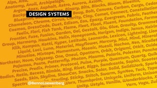 Alps, Alta,
Anatomy, Anvil, Archipelago,
Argon, Apex, Asphalt, Astro, Aurora, Axiom,
Backpack, Barista, Base, Binary, Bits, Blocks, Bloom, Bluemix,
Blueprint, Boundless, Build, Bouy, Bolt, Canvas, Carbon, Cargo, Cedar
Chameleon, Chrome, Cirrus, Clarity, Clay, Comet, Connect, Constellation
Cosmos, DressCode, Duet, Edison, Eos, Epoxy, Evergreen, Fabric, Feather
Feelix, Fiori, Fish Tank, Flame, Fleet, Float, Fluent, Foundation, Forma
Frontier, Fuse, Fusion, Garden, Gel, Gestalt, Glu, Glue, Gravity, Grommet
Group, Harmony, Hawkins, Helix, Honeycomb, Horizon, Indigo, Janus, Keirin
Klik, Kompas, Kotti, Kyper, Latitude, Leonardo, Lexicon, Lightning, Lion
Liquid, Luci, Luna, Material, Mayflower, Mercury, Miui, Mind, Mineral
Minutiae, Mixtape, Momentum, Mosaic, Muesli, Nachos, Neo, Nicollet
Northstar, Nova, Odyssey, One, Oneui, Opattern, Orbit, Origami, Otkit, Oxide
Pajamas, Paste, Patternfly, Photon, Plasma, Polaris, Polestar, Poncho
Precise, Predix, Primer, Protocol, Pulse, Purple, Quantum, Quartz, Quik
Radius, Ratio, Recess, Rimble, Ring, Rivet, Rizzo, Sandcastle, Saphir, Scooter
Seeds, Skin, Skyline, ShowCar, Snacks, Solar, Solid, SolidWork, Spark
Spectrum, Stacks, Starling, Sticky, Stitch, Swarm, SynNeo, Tack, Tape
Terra, ThingWorx, Thumbprint, Unicycle, Uniform, Unison
Unity, Ustyle, Vanilla, Wonderblocks, X
Yarn, Yoga, Zui
DESIGN SYSTEMS
@BennoLoewenberg
 