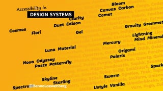 Alps, Alta,
Anatomy, Anvil, Archipelago,
Argon, Apex, Asphalt, Astro, Aurora, Axiom,
Backpack, Barista, Base, Binary, Bits, Blocks, Bloom, Bluemix,
Blueprint, Boundless, Build, Bouy, Bolt, Canvas, Carbon, Cargo, Cedar
Chameleon, Chrome, Cirrus, Clarity, Clay, Comet, Connect, Constellation
Cosmos, DressCode, Duet, Edison, Eos, Epoxy, Evergreen, Fabric, Feather
Feelix, Fiori, Fish Tank, Flame, Fleet, Float, Fluent, Foundation, Forma
Frontier, Fuse, Fusion, Garden, Gel, Gestalt, Glu, Glue, Gravity, Grommet
Group, Harmony, Hawkins, Helix, Honeycomb, Horizon, Indigo, Janus, Keirin
Klik, Kompas, Kotti, Kyper, Latitude, Leonardo, Lexicon, Lightning, Lion
Liquid, Luci, Luna, Material, Mayflower, Mercury, Miui, Mind, Mineral
Minutiae, Mixtape, Momentum, Mosaic, Muesli, Nachos, Neo, Nicollet
Northstar, Nova, Odyssey, One, Oneui, Opattern, Orbit, Origami, Otkit, Oxide
Pajamas, Paste, Patternfly, Photon, Plasma, Polaris, Polestar, Poncho
Precise, Predix, Primer, Protocol, Pulse, Purple, Quantum, Quartz, Quik
Radius, Ratio, Recess, Rimble, Ring, Rivet, Rizzo, Sandcastle, Saphir, Scooter
Seeds, Skin, Skyline, ShowCar, Snacks, Solar, Solid, SolidWork, Spark
Spectrum, Stacks, Starling, Sticky, Stitch, Swarm, SynNeo, Tack, Tape
Terra, ThingWorx, Thumbprint, Unicycle, Uniform, Unison
Unity, Ustyle, Vanilla, Wonderblocks, X
Yarn, Yoga, Zui
DESIGN SYSTEMS
@BennoLoewenberg
Accessibility in
 