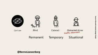 One arm Arm injury New parent
See
Blind Cataract Distracted driver
Hear
Deaf Ear infection Bartender
Disabilities are often temporary or situational.
Use this card to pick which limitations apply to
your scenario.
Can’t see Can’t speak
Can’t hear Can’t touch
We use a Persona Spectrum to understand related limitations
across a spectrum of permanent, temporary, and situational
disabilities. It’s a quick tool to help foster empathy and to
show how a solution can scale to a broader audience.
Support Card | The Persona Spectrum
Permanent Temporary Situational
Touch
@BennoLoewenberg
Source:
Microsoft
Inclusive
Design
Toolkit
traffic observant
 