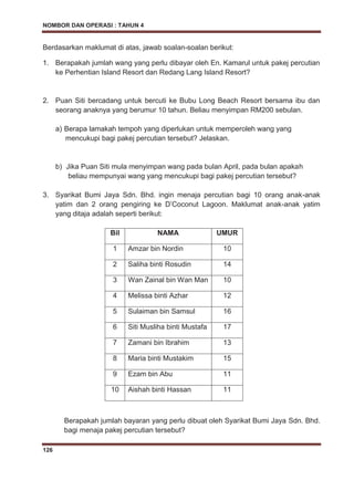 NOMBOR DAN OPERASI : TAHUN 4
126
Berdasarkan maklumat di atas, jawab soalan-soalan berikut:
1. Berapakah jumlah wang yang perlu dibayar oleh En. Kamarul untuk pakej percutian
ke Perhentian Island Resort dan Redang Lang Island Resort?
2. Puan Siti bercadang untuk bercuti ke Bubu Long Beach Resort bersama ibu dan
seorang anaknya yang berumur 10 tahun. Beliau menyimpan RM200 sebulan.
a) Berapa lamakah tempoh yang diperlukan untuk memperoleh wang yang
mencukupi bagi pakej percutian tersebut? Jelaskan.
b) Jika Puan Siti mula menyimpan wang pada bulan April, pada bulan apakah
beliau mempunyai wang yang mencukupi bagi pakej percutian tersebut?
3. Syarikat Bumi Jaya Sdn. Bhd. ingin menaja percutian bagi 10 orang anak-anak
yatim dan 2 orang pengiring ke D’Coconut Lagoon. Maklumat anak-anak yatim
yang ditaja adalah seperti berikut:
Bil NAMA UMUR
1 Amzar bin Nordin 10
2 Saliha binti Rosudin 14
3 Wan Zainal bin Wan Man 10
4 Melissa binti Azhar 12
5 Sulaiman bin Samsul 16
6 Siti Musliha binti Mustafa 17
7 Zamani bin Ibrahim 13
8 Maria binti Mustakim 15
9 Ezam bin Abu 11
10 Aishah binti Hassan 11
Berapakah jumlah bayaran yang perlu dibuat oleh Syarikat Bumi Jaya Sdn. Bhd.
bagi menaja pakej percutian tersebut?
 