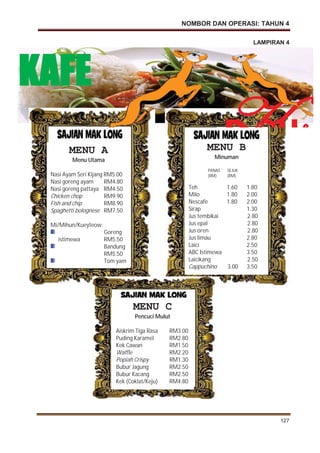 NOMBOR DAN OPERASI: TAHUN 4
127
LAMPIRAN 4
MENU A
Menu Utama
Nasi Ayam Seri Kijang RM5.00
Nasi goreng ayam RM4.80
Nasi goreng pattaya RM4.50
Chicken chop RM9.90
Fish and chip RM8.90
Spaghetti bolognese RM7.50
Mi/Mihun/Kueyteow:
Goreng
istimewa RM5.50
Bandung
RM5.50
Tom yam
MENU B
Minuman
PANAS SEJUK
(RM) (RM)
Teh 1.60 1.80
Milo 1.80 2.00
Nescafe 1.80 2.00
Sirap 1.30
Jus tembikai 2.80
Jus epal 2.80
Jus oren 2.80
Jus limau 2.80
Laici 2.50
ABC Istimewa 3.50
Laicikang 2.50
Cappuchino 3.00 3.50
MENU C
Pencuci Mulut
Aiskrim Tiga Rasa RM3.00
Puding Karamel RM2.80
Kek Cawan RM1.50
Waffle RM2.20
Popiah Crispy RM1.30
Bubur Jagung RM2.50
Bubur Kacang RM2.50
Kek (Coklat/Keju) RM4.80
Kij
angg
KAFE
 