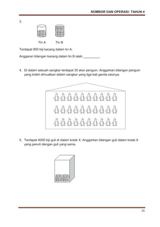 NOMBOR DAN OPERASI: TAHUN 4
25
3.
Tin A Tin B
Terdapat 800 biji kacang dalam tin A.
Anggaran bilangan kacang dalam tin B ialah _________.
4. Di dalam sebuah sangkar terdapat 30 ekor penguin. Anggarkan bilangan penguin
yang boleh dimuatkan dalam sangkar yang tiga kali ganda saiznya.
5. Terdapat 4000 biji guli di dalam kotak X. Anggarkan bilangan guli dalam kotak X
yang penuh dengan guli yang sama.
 