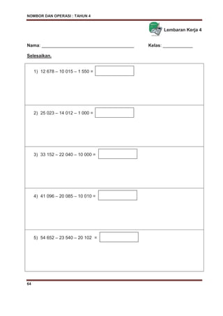 NOMBOR DAN OPERASI : TAHUN 4
64
Lembaran Kerja 4
Nama: _____________________________________ Kelas: ____________
Selesaikan.
1) 12 678 – 10 015 – 1 550 =
2) 25 023 – 14 012 – 1 000 =
3) 33 152 – 22 040 – 10 000 =
4) 41 096 – 20 085 – 10 010 =
5) 54 652 – 23 540 – 20 102 =
 