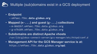 Multiple (sub)domains exist in a GCS deployment
• Endpoint
– e4faec.75bc.data.globus.org
• Mapped (m-...) and guest (g-...) collections
– m-8dd2b7.e4faec.75bc.data.globus.org
– g-e7b189.e4faec.75bc.data.globus.org
• Subdomains are distinct Apache vhosts
/var/lib/globus-connect-server/gcs-manager/etc/httpd/conf.d
• Management API for the GCS Manager service is at:
https://e4faec.75bc.data.globus.org/api
 