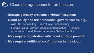 Cloud storage connector architecture
• Storage gateway presents a virtual filesystem
• Cloud policy and user credential govern access, e.g.,
– AWS S3: access key + secret key; bucket policy
– Google Cloud Storage: Google authentication à Google
account must match username from Globus identity
• May require registration with cloud storage provider
• May require additional configuration in the cloud
41
 