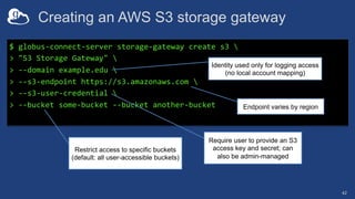 Creating an AWS S3 storage gateway
42
$ globus-connect-server storage-gateway create s3 
> "S3 Storage Gateway" 
> --domain example.edu 
> --s3-endpoint https://s3.amazonaws.com 
> --s3-user-credential 
> --bucket some-bucket --bucket another-bucket
Require user to provide an S3
access key and secret; can
also be admin-managed
Restrict access to specific buckets
(default: all user-accessible buckets)
Endpoint varies by region
Identity used only for logging access
(no local account mapping)
 