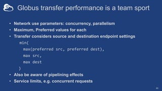 Globus transfer performance is a team sport
• Network use parameters: concurrency, parallelism
• Maximum, Preferred values for each
• Transfer considers source and destination endpoint settings
min(
max(preferred src, preferred dest),
max src,
max dest
)
• Also be aware of pipelining effects
• Service limits, e.g. concurrent requests
60
 