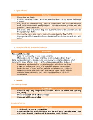 Ø Special	Events	
Action	Items	
- Upcoming yard sale
- Resident-only BBQ/mixer. Appetizer evening? For expiring leases, held once
a month.
- BBQ mixer with other nearby Greystar communities that includes residents
from both communities AND prospects. Hold raffle event, games, etc. and
promote. Amenities trial?
- Pet event. End of summer dog pool event? Partner with groomers and do
free grooming? Raffle
- Community picnic at a nearby recreation rea (Juanita Bay Park?)
- Community athletic event (mile run, basketball/tennis tournament, etc. with
prizes)
	
Ø Resident	Referrals	&	Resident	Retention	
Action	Items	
Renewal/Retention
- Free (?) community events twice a month
- Many residents own dogs—monthly event including their dogs?
Send out questionnaires to residents once every two months (asking what
community could offer or improve on) and address according to budget
- Encourage leasing staff to remain in contact with their previous
move-ins and remind them of a potential renewal commission
- Post mini-bios of team staff on website to help current residents
become more familiar with staff so they are more comfortable in
approaching with issues, may help retention (?) more friendly
atmosphere
	
Ø PRODUCT	
Curb	Appeal	&	Signage	
ACTION	ITEMS	
- Replace dog bag dispenser/trashes. Many of them are getting
old/rusty
- Pressure wash all the breezeways
- Signage will be upgraded
	
Show	Units/HOT	list	
ACTION	ITEMS	
- 2x2 Model currently renovating
- Consistently check mini-models and vacant units to make sure they
are clean. Install multiple air fresheners in all of them
 
