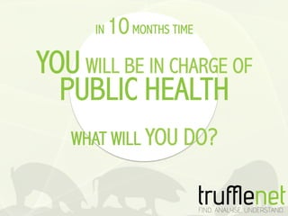 IN   10 MONTHS TIME
YOU WILL BE IN CHARGE OF
  PUBLIC HEALTH
   WHAT WILL YOU DO?
 