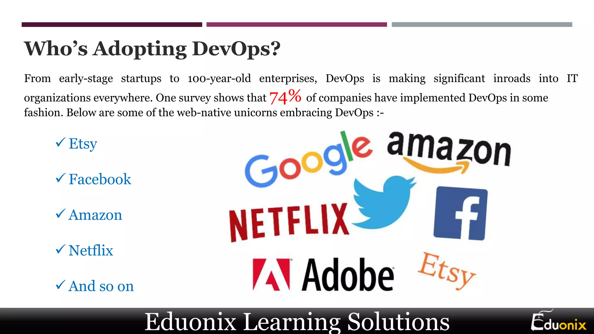 Who’s Adopting DevOps?
From early-stage startups to 100-year-old enterprises, DevOps is making significant inroads into IT
organizations everywhere. One survey shows that 74% of companies have implemented DevOps in some
fashion. Below are some of the web-native unicorns embracing DevOps :-
 Etsy
 Facebook
 Amazon
 Netflix
 And so on
Eduonix Learning Solutions
 