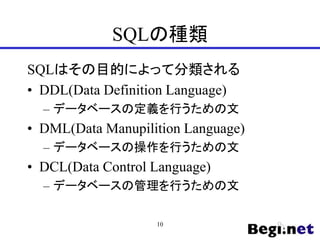 SQLの種類
SQLはその目的によって分類される
• DDL(Data Definition Language)
– データベースの定義を行うための文
• DML(Data Manupilition Language)
– データベースの操作を行うための文
• DCL(Data Control Language)
– データベースの管理を行うための文
10
 