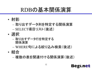 RDBの基本関係演算
• 射影
– 取り出すデータ列を特定する関係演算
– SELECT項目リスト（後述）
• 選択
– 取り出すデータ行を特定する
関係演算
– WHERE句による絞り込み検索（後述）
• 結合
– 複数の表を関連付ける関係演算（後述）
12
 