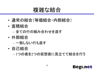 複雑な結合
• 通常の結合（等価結合・内部結合）
• 直積結合
– 全ての行の組み合わせを返す
• 外部結合
– 一致しない行も返す
• 自己結合
– 1つの表を2つの仮想表に見立てて結合を行う
52
 