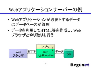 Webアプリケーションサーバーの例
• Webアプリケーションが必要とするデータ
はデータベースが管理
• データを利用してHTML等を作成し、Web
ブラウザとやり取りを行う
DB
Web
APサーバー
Web
ブラウザ
HTTP データ
アプリ
7
 