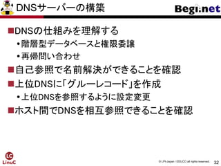 32
© LPI-Japan / EDUCO all rights reserved.
DNSサーバーの構築
DNSの仕組みを理解する
階層型データベースと権限委譲
再帰問い合わせ
自己参照で名前解決ができることを確認
上位DNSに「グルーレコード」を作成
上位DNSを参照するように設定変更
ホスト間でDNSを相互参照できることを確認
 