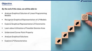 Objective
By the end of this class, we will be able to:
 Analyze Graphical Solution of Linear Programming
Models
 Recognize Graphical Representation of LP Models
 Explore Graphical Representation of Constraints
 Learn about Utilization of Feasible Solution Area
 Understand Corner Point Property
 Analyze Graphical Solutions
 Explore LP Characteristics
 
