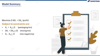 Model Summary
Maximize Z=6X1 + 5X2 (profit)
Subject to constraints are:
• X1 + X2 < 5 (packaging hrs)
• 3X1 + 2X2 < 12 (mixing hrs)
• X1 , X2 > 0 (non negativity)
 