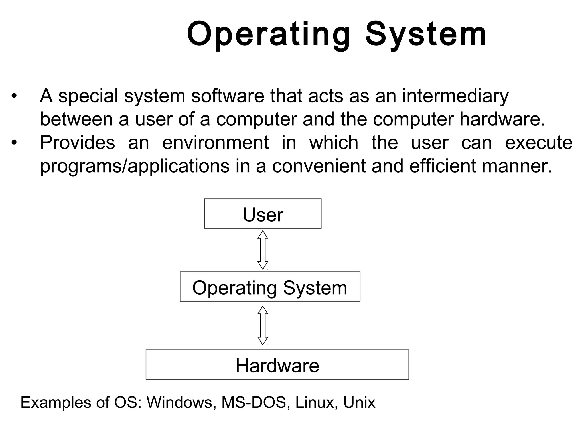 Operating System 
• A special system software that acts as an intermediary 
between a user of a computer and the computer hardware. 
• Provides an environment in which the user can execute 
programs/applications in a convenient and efficient manner. 
User 
Operating System 
Hardware 
Examples of OS: Windows, MS-DOS, Linux, Unix 
 