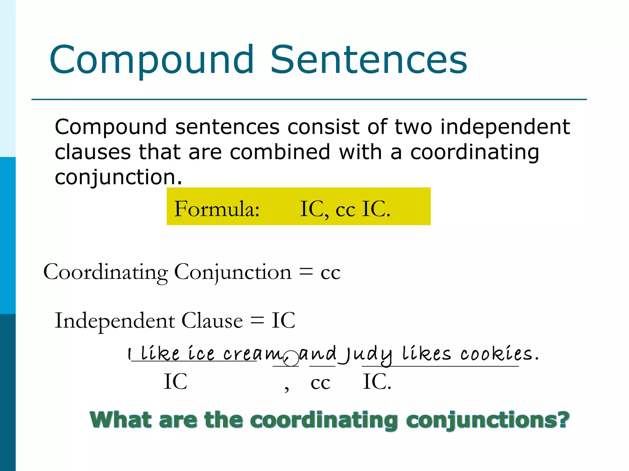 Compound Sentences
Compound sentences consist of two independent
clauses that are combined with a coordinating
conjunction.
Independent Clause = IC
Coordinating Conjunction = cc
Formula: IC, cc IC.
I like ice cream, and Judy likes cookies.
IC cc IC.,
 