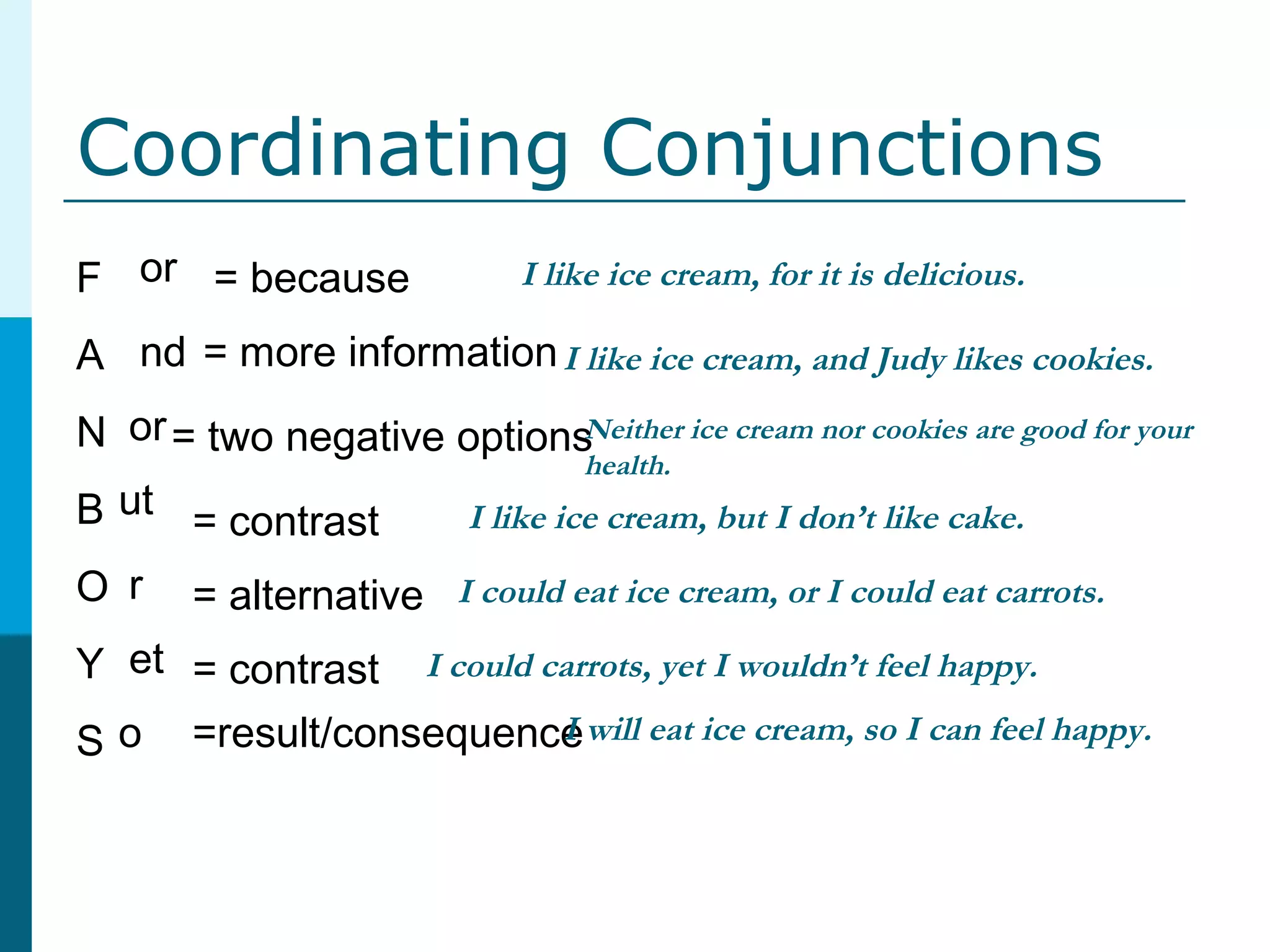 Coordinating Conjunctions
F
A
N
B
O
Y
S
or
nd
o
ut
r
et
or
= because
= more information
= contrast
=result/consequence
I like ice cream, and Judy likes cookies.
I like ice cream, but I don’t like cake.
Neither ice cream nor cookies are good for your
health.
I like ice cream, for it is delicious.
= alternative I could eat ice cream, or I could eat carrots.
= contrast I could carrots, yet I wouldn’t feel happy.
I will eat ice cream, so I can feel happy.
= two negative options
 