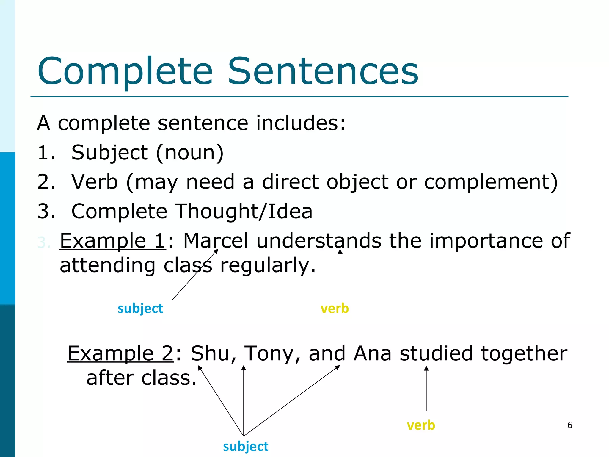 6
Complete Sentences
A complete sentence includes:
1. Subject (noun)
2. Verb (may need a direct object or complement)
3. Complete Thought/Idea
3. Example 1: Marcel understands the importance of
attending class regularly.
Example 2: Shu, Tony, and Ana studied together
after class.
subject verb
verb
subject
 