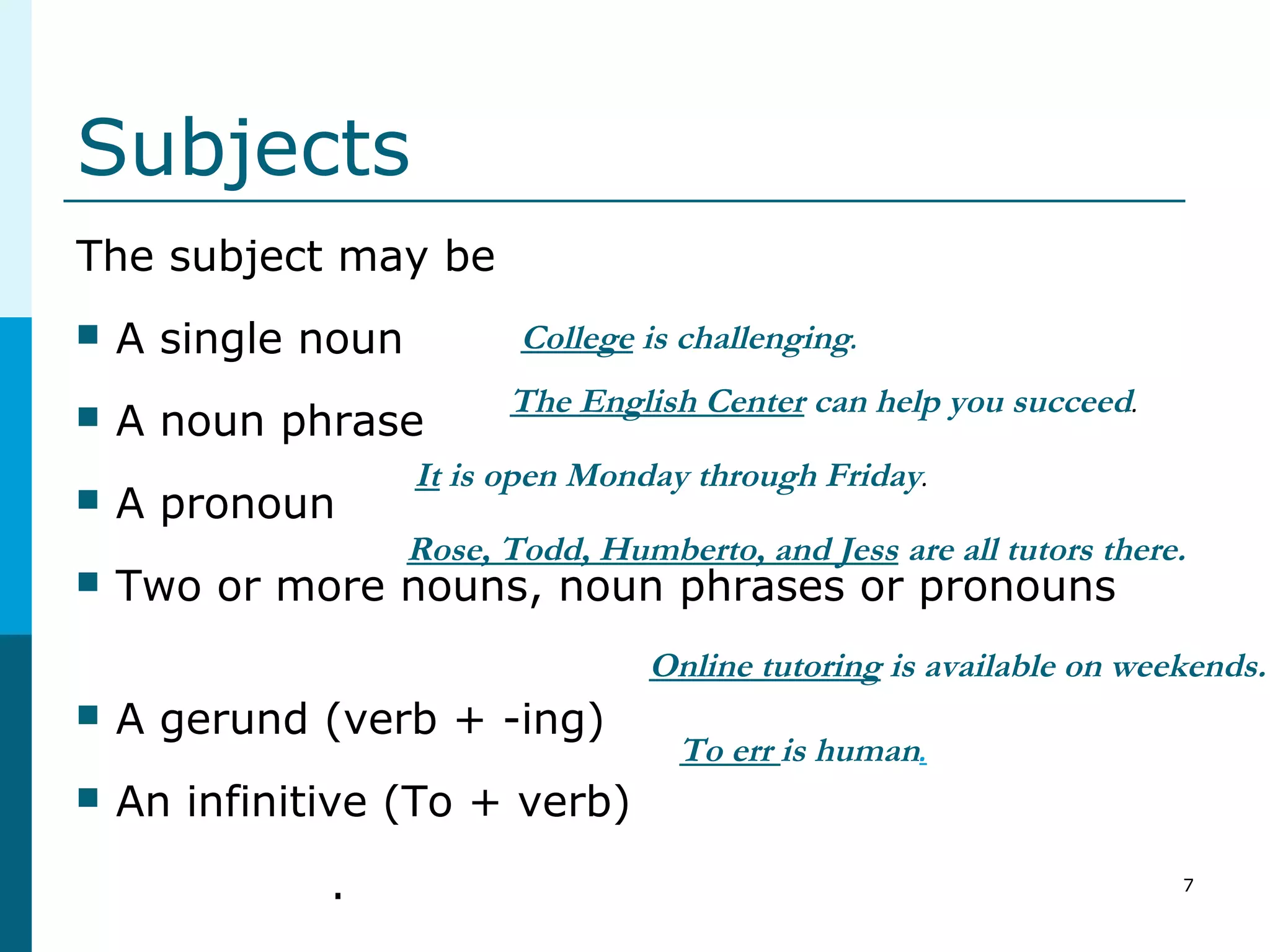 7
Subjects
The subject may be
 A single noun
 A noun phrase
 A pronoun
 Two or more nouns, noun phrases or pronouns
 A gerund (verb + -ing)
 An infinitive (To + verb)
.
College is challenging.
The English Center can help you succeed.
It is open Monday through Friday.
Online tutoring is available on weekends.
Rose, Todd, Humberto, and Jess are all tutors there.
To err is human.
 