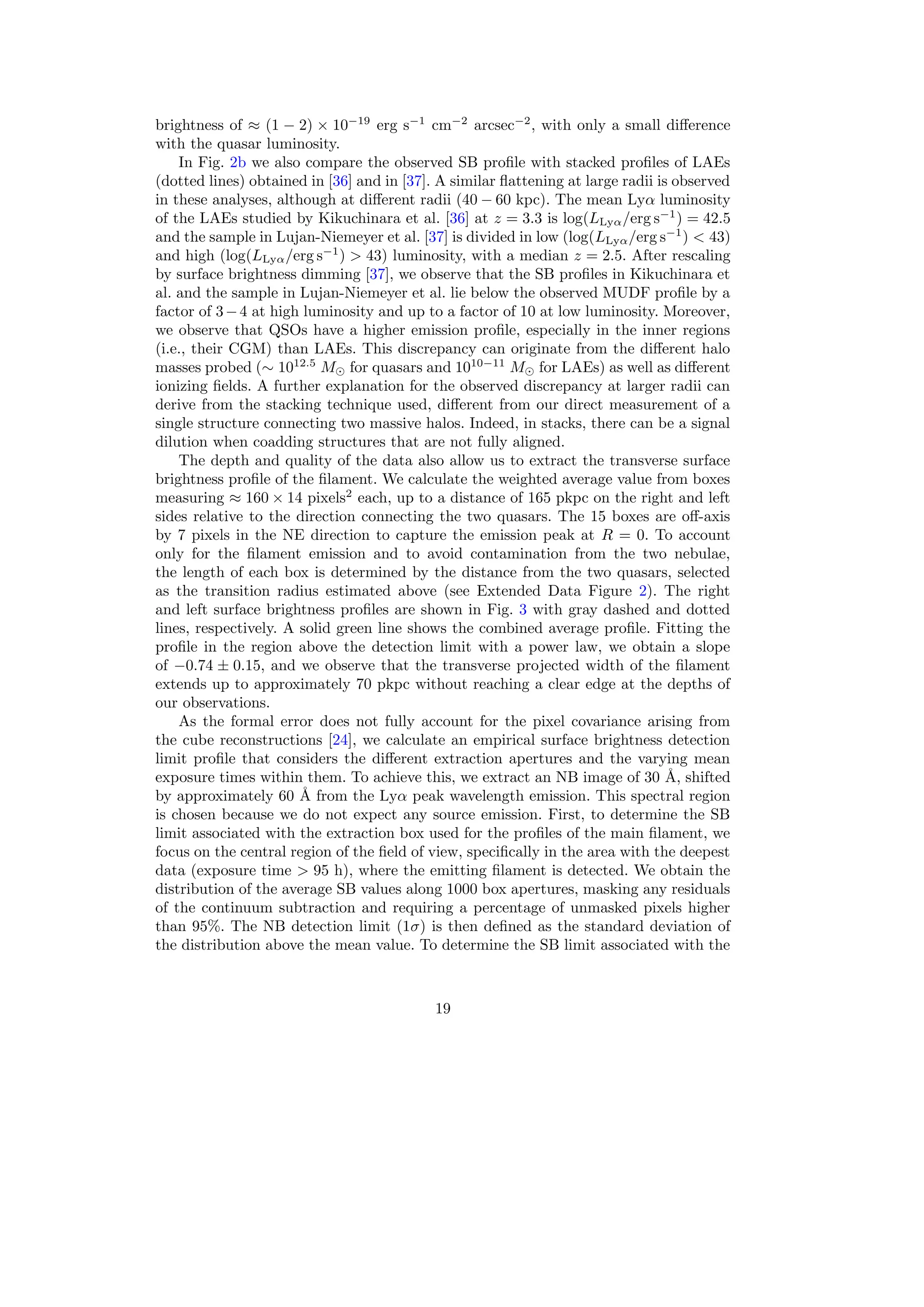 brightness of ≈ (1 − 2) × 10−19
erg s−1
cm−2
arcsec−2
, with only a small difference
with the quasar luminosity.
In Fig. 2b we also compare the observed SB profile with stacked profiles of LAEs
(dotted lines) obtained in [36] and in [37]. A similar flattening at large radii is observed
in these analyses, although at different radii (40 − 60 kpc). The mean Lyα luminosity
of the LAEs studied by Kikuchinara et al. [36] at z = 3.3 is log(LLyα/erg s−1
) = 42.5
and the sample in Lujan-Niemeyer et al. [37] is divided in low (log(LLyα/erg s−1
)  43)
and high (log(LLyα/erg s−1
)  43) luminosity, with a median z = 2.5. After rescaling
by surface brightness dimming [37], we observe that the SB profiles in Kikuchinara et
al. and the sample in Lujan-Niemeyer et al. lie below the observed MUDF profile by a
factor of 3−4 at high luminosity and up to a factor of 10 at low luminosity. Moreover,
we observe that QSOs have a higher emission profile, especially in the inner regions
(i.e., their CGM) than LAEs. This discrepancy can originate from the different halo
masses probed (∼ 1012.5
M⊙ for quasars and 1010−11
M⊙ for LAEs) as well as different
ionizing fields. A further explanation for the observed discrepancy at larger radii can
derive from the stacking technique used, different from our direct measurement of a
single structure connecting two massive halos. Indeed, in stacks, there can be a signal
dilution when coadding structures that are not fully aligned.
The depth and quality of the data also allow us to extract the transverse surface
brightness profile of the filament. We calculate the weighted average value from boxes
measuring ≈ 160 × 14 pixels2
each, up to a distance of 165 pkpc on the right and left
sides relative to the direction connecting the two quasars. The 15 boxes are off-axis
by 7 pixels in the NE direction to capture the emission peak at R = 0. To account
only for the filament emission and to avoid contamination from the two nebulae,
the length of each box is determined by the distance from the two quasars, selected
as the transition radius estimated above (see Extended Data Figure 2). The right
and left surface brightness profiles are shown in Fig. 3 with gray dashed and dotted
lines, respectively. A solid green line shows the combined average profile. Fitting the
profile in the region above the detection limit with a power law, we obtain a slope
of −0.74 ± 0.15, and we observe that the transverse projected width of the filament
extends up to approximately 70 pkpc without reaching a clear edge at the depths of
our observations.
As the formal error does not fully account for the pixel covariance arising from
the cube reconstructions [24], we calculate an empirical surface brightness detection
limit profile that considers the different extraction apertures and the varying mean
exposure times within them. To achieve this, we extract an NB image of 30 Å, shifted
by approximately 60 Å from the Lyα peak wavelength emission. This spectral region
is chosen because we do not expect any source emission. First, to determine the SB
limit associated with the extraction box used for the profiles of the main filament, we
focus on the central region of the field of view, specifically in the area with the deepest
data (exposure time  95 h), where the emitting filament is detected. We obtain the
distribution of the average SB values along 1000 box apertures, masking any residuals
of the continuum subtraction and requiring a percentage of unmasked pixels higher
than 95%. The NB detection limit (1σ) is then defined as the standard deviation of
the distribution above the mean value. To determine the SB limit associated with the
19
 