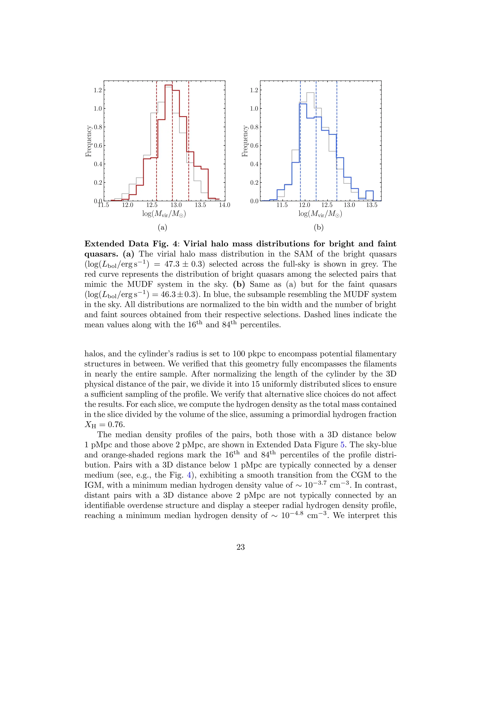(a) (b)
Extended Data Fig. 4: Virial halo mass distributions for bright and faint
quasars. (a) The virial halo mass distribution in the SAM of the bright quasars
(log(Lbol/erg s−1
) = 47.3 ± 0.3) selected across the full-sky is shown in grey. The
red curve represents the distribution of bright quasars among the selected pairs that
mimic the MUDF system in the sky. (b) Same as (a) but for the faint quasars
(log(Lbol/erg s−1
) = 46.3±0.3). In blue, the subsample resembling the MUDF system
in the sky. All distributions are normalized to the bin width and the number of bright
and faint sources obtained from their respective selections. Dashed lines indicate the
mean values along with the 16th
and 84th
percentiles.
halos, and the cylinder’s radius is set to 100 pkpc to encompass potential filamentary
structures in between. We verified that this geometry fully encompasses the filaments
in nearly the entire sample. After normalizing the length of the cylinder by the 3D
physical distance of the pair, we divide it into 15 uniformly distributed slices to ensure
a sufficient sampling of the profile. We verify that alternative slice choices do not affect
the results. For each slice, we compute the hydrogen density as the total mass contained
in the slice divided by the volume of the slice, assuming a primordial hydrogen fraction
XH = 0.76.
The median density profiles of the pairs, both those with a 3D distance below
1 pMpc and those above 2 pMpc, are shown in Extended Data Figure 5. The sky-blue
and orange-shaded regions mark the 16th
and 84th
percentiles of the profile distri-
bution. Pairs with a 3D distance below 1 pMpc are typically connected by a denser
medium (see, e.g., the Fig. 4), exhibiting a smooth transition from the CGM to the
IGM, with a minimum median hydrogen density value of ∼ 10−3.7
cm−3
. In contrast,
distant pairs with a 3D distance above 2 pMpc are not typically connected by an
identifiable overdense structure and display a steeper radial hydrogen density profile,
reaching a minimum median hydrogen density of ∼ 10−4.8
cm−3
. We interpret this
23
 