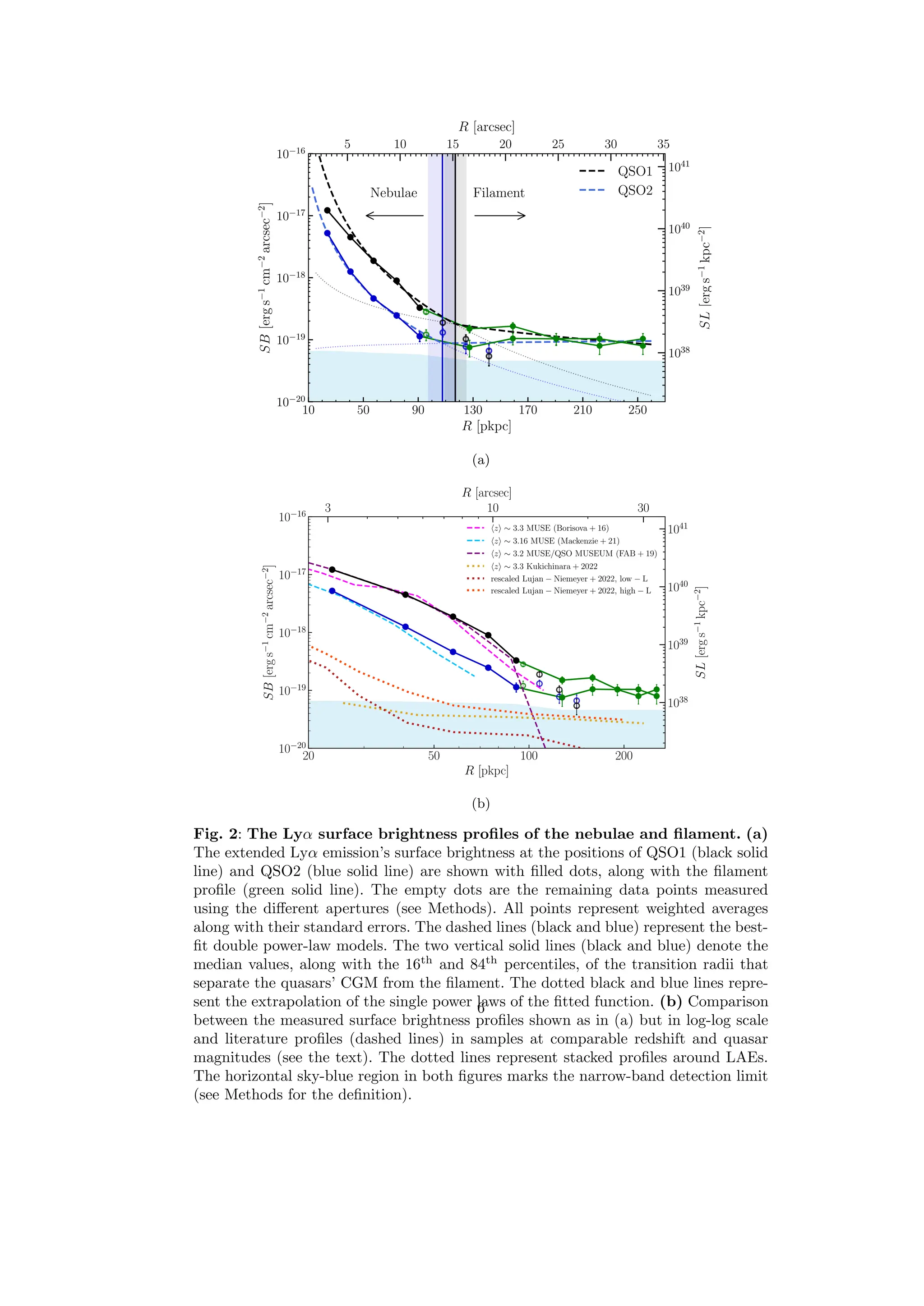 10 50 90 130 170 210 250
R [pkpc]
10−20
10−19
10−18
10−17
10−16
SB
[erg
s
−1
cm
−2
arcsec
−2
]
Filament
Nebulae
QSO1
QSO2
5 10 15 20 25 30 35
R [arcsec]
1038
1039
1040
1041
SL
[erg
s
−1
kpc
−2
]
(a)
20 50 100 200
R [pkpc]
10−20
10−19
10−18
10−17
10−16
SB
[erg
s
−1
cm
−2
arcsec
−2
]
hzi ∼ 3.3 MUSE (Borisova + 16)
hzi ∼ 3.16 MUSE (Mackenzie + 21)
hzi ∼ 3.2 MUSE/QSO MUSEUM (FAB + 19)
hzi ∼ 3.3 Kukichinara + 2022
rescaled Lujan − Niemeyer + 2022, low − L
rescaled Lujan − Niemeyer + 2022, high − L
3 10 30
R [arcsec]
1038
1039
1040
1041
SL
[erg
s
−1
kpc
−2
]
(b)
Fig. 2: The Lyα surface brightness profiles of the nebulae and filament. (a)
The extended Lyα emission’s surface brightness at the positions of QSO1 (black solid
line) and QSO2 (blue solid line) are shown with filled dots, along with the filament
profile (green solid line). The empty dots are the remaining data points measured
using the different apertures (see Methods). All points represent weighted averages
along with their standard errors. The dashed lines (black and blue) represent the best-
fit double power-law models. The two vertical solid lines (black and blue) denote the
median values, along with the 16th
and 84th
percentiles, of the transition radii that
separate the quasars’ CGM from the filament. The dotted black and blue lines repre-
sent the extrapolation of the single power laws of the fitted function. (b) Comparison
between the measured surface brightness profiles shown as in (a) but in log-log scale
and literature profiles (dashed lines) in samples at comparable redshift and quasar
magnitudes (see the text). The dotted lines represent stacked profiles around LAEs.
The horizontal sky-blue region in both figures marks the narrow-band detection limit
(see Methods for the definition).
6
 