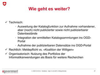 214. OGD D-A-CH-LI - Konferenz - Open X, 24.6.2015, A.Bürgi-Schmelz
Wie geht es weiter?
 Technisch:
• Ausweitung der Katalogfunktion zur Aufnahme vorhandener,
aber (noch) nicht publizierter sowie nicht publizierbarer
Datenbestände
• Integration der ermittelten Katalogsammlungen ins OGD-
Portal
• Aufnahme der publizierbaren Datensätze ins OGD-Portal
 Rechtlich: Meldepflicht vs. «Koalition der Willigen»
 Organisatorisch: Nutzung des Portfolios der
Informatikanwendungen als Basis für weitere Recherchen
 