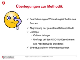 54. OGD D-A-CH-LI - Konferenz - Open X, 24.6.2015, A.Bürgi-Schmelz
Überlegungen zur Methodik
 Beschränkung auf Verwaltungseinheiten des
Bundes
 Abgrenzung der gesuchten Datenbestände
 Umfrage
• Online-Umfrage
• Umfrage bei den OGD-Schlüsselämtern
(via Arbeitsgruppe Standards)
 Einbezug weiterer Informationsquellen
 
