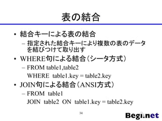表の結合
• 結合キーによる表の結合
– 指定された結合キーにより複数の表のデータ
を結びつけて取り出す
• WHERE句による結合（シータ方式）
– FROM table1,table2
WHERE table1.key = table2.key
• JOIN句による結合（ANSI方式）
– FROM table1
JOIN table2 ON table1.key = table2.key
34
 