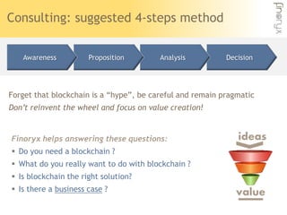 Consulting: suggested 4-steps method
Forget that blockchain is a “hype”, be careful and remain pragmatic
Don’t reinvent th...