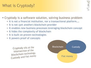 What is Cryptody?
 Cryptody is a software solution, solving business problem
 It is not a financial institution, nor a t...