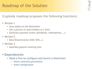 Roadmap of the Solution
Cryptody roadmap proposes the following functions:
 Version 1
 Issue assets on the blockchain
 ...