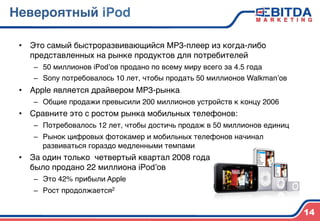 Невероятный iPod4
•  Это самый быстроразвивающийся MP3-плеер из когда-либо
представленных на рынке продуктов для потребителей)
–  50 миллионов iPod’ов продано по всему миру всего за 4.5 года)
–  Sony потребовалось 10 лет, чтобы продать 50 миллионов Walkman’ов )
•  Apple является драйвером MP3-рынка)
–  Общие продажи превысили 200 миллионов устройств к концу 2006)
•  Сравните это с ростом рынка мобильных телефонов:)
–  Потребовалось 12 лет, чтобы достичь продаж в 50 миллионов единиц)
–  Рынок цифровых фотокамер и мобильных телефонов начинал
развиваться гораздо медленными темпами)
•  За один только четвертый квартал 2008 года  
было продано 22 миллиона iPod’ов)
–  Это 42% прибыли Apple)
–  Рост продолжается2 )
14
 