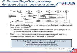 •  “В конкурентной борьбе нет ничего важнее, чем быстрый и эффективный
«двигатель» инноваций”1 )
–  Это связано с тенденцией к уменьшению жизненного цикла продукта и, как
следствие, увеличением потока новых предложений)
•  “В отличии от основных функциональных подразделений компании,
инновации могут управляться с меньшей строгостью”)
1	
  Источник:	
  Global	
  Innova{on	
  Study,	
  Booz-­‐Allen	
  &	
  Hamilton,	
  
New	
  York.	
  
Гейт	
  1	
  
Исследование:	
  	
  
Генерирование	
  
идей	
  
Стадия	
  1:	
  	
  
Сбор	
  идей	
  
Стадия	
  2:	
  Создание	
  
Бизнес-­‐кейса	
  
Стадия	
  3:	
  	
  
Разработка	
   Стадия	
  4:	
  	
  
Тестирование	
  
Стадия	
  5:	
  	
  
Полный	
  запуск	
  -­‐	
  
Передача	
  в	
  
разработку	
  
Передача	
  на	
  
тестирование	
  Второе	
  
рассмотрение	
  
Гейт	
  2	
   Гейт	
  3	
   Гейт	
  4	
  
Подготовка	
  
запуска	
  
Гейт	
  5	
  
Анализ	
  	
  
&	
  Аудит	
  
PLR	
  
Рассмотрение	
  
идей	
  
 
4
“Система Stage-Gate® не является обязательной… [она] просто необходима
для достижения успеха в сегодняшнем мире.”
Майкл Миллс, Руководитель отдела (бывший)
по созданию новых предложений и инициатив, P&G	
  
	
  
	
  
23
#3. Система Stage-Gate для вывода
большого объема проектов на рынок4
 
