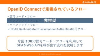 OpenID Connectで定義されているフロー
• 認可コード・フロー
• インプリシット・フロー
• ハイブリッド・フロー
• CIBA(Client-Initiated Backchannel Authentication)フロー
© CASAREAL, Inc. All rights reserved.
今回はOIDC認可コード・フローを利用して
SPAがWeb APIを呼び出す流れを説明します
非推奨
 