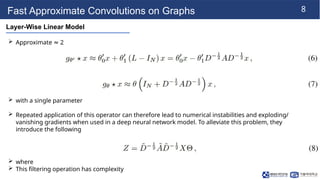 8
Fast Approximate Convolutions on Graphs
Layer-Wise Linear Model
 Approximate 2
≈
 with a single parameter
 Repeated application of this operator can therefore lead to numerical instabilities and exploding/
vanishing gradients when used in a deep neural network model. To alleviate this problem, they
introduce the following
 where
 This filtering operation has complexity
 