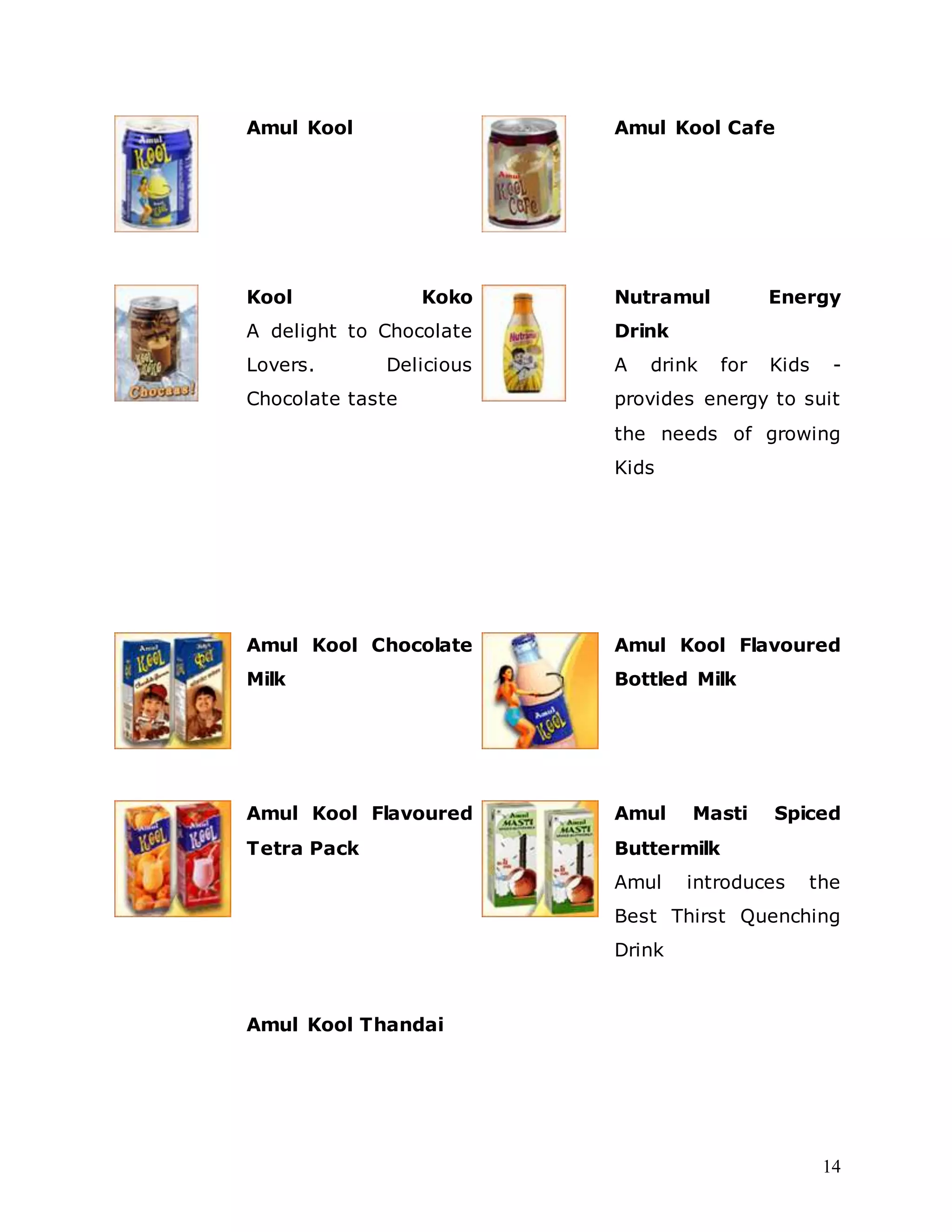 14
Amul Kool Amul Kool Cafe
Kool Koko
A delight to Chocolate
Lovers. Delicious
Chocolate taste
Nutramul Energy
Drink
A drink for Kids -
provides energy to suit
the needs of growing
Kids
Amul Kool Chocolate
Milk
Amul Kool Flavoured
Bottled Milk
Amul Kool Flavoured
Tetra Pack
Amul Masti Spiced
Buttermilk
Amul introduces the
Best Thirst Quenching
Drink
Amul Kool Thandai
 