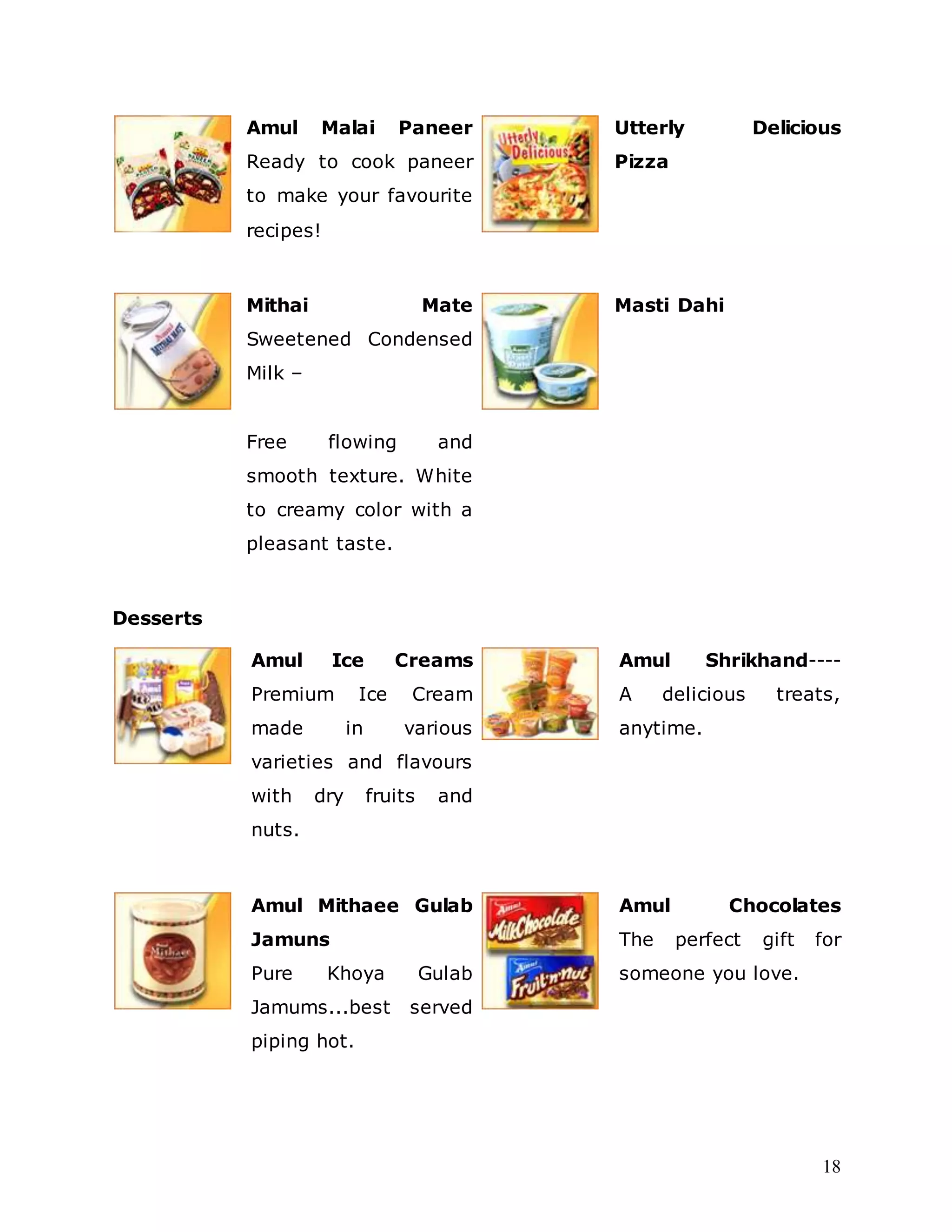 18
Amul Malai Paneer
Ready to cook paneer
to make your favourite
recipes!
Utterly Delicious
Pizza
Mithai Mate
Sweetened Condensed
Milk –
Free flowing and
smooth texture. White
to creamy color with a
pleasant taste.
Masti Dahi
Desserts
Amul Ice Creams
Premium Ice Cream
made in various
varieties and flavours
with dry fruits and
nuts.
Amul Shrikhand----
A delicious treats,
anytime.
Amul Mithaee Gulab
Jamuns
Pure Khoya Gulab
Jamums...best served
piping hot.
Amul Chocolates
The perfect gift for
someone you love.
 