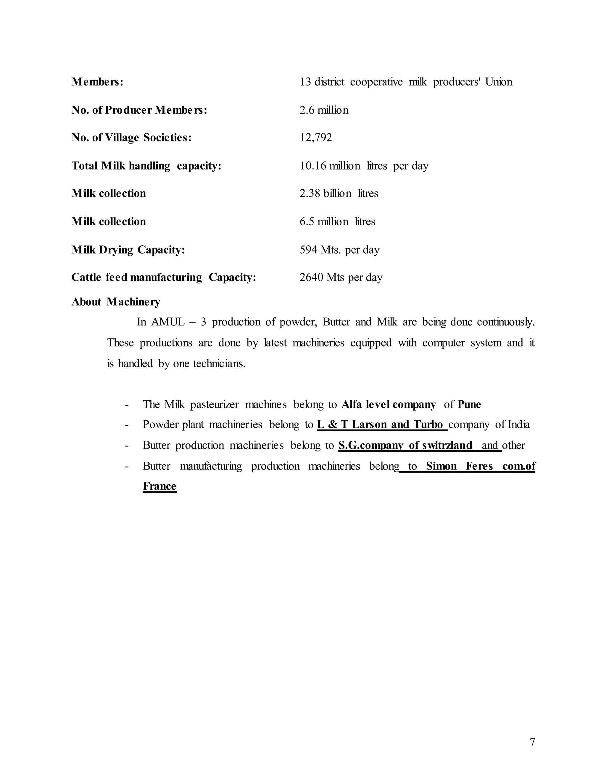 7
Members: 13 district cooperative milk producers' Union
No. of Producer Members: 2.6 million
No. of Village Societies: 12,792
Total Milk handling capacity: 10.16 million litres per day
Milk collection 2.38 billion litres
Milk collection 6.5 million litres
Milk Drying Capacity: 594 Mts. per day
Cattle feed manufacturing Capacity: 2640 Mts per day
About Machinery
In AMUL – 3 production of powder, Butter and Milk are being done continuously.
These productions are done by latest machineries equipped with computer system and it
is handled by one technicians.
- The Milk pasteurizer machines belong to Alfa level company of Pune
- Powder plant machineries belong to L & T Larson and Turbo company of India
- Butter production machineries belong to S.G.company of switrzland and other
- Butter manufacturing production machineries belong to Simon Feres com.of
France
 