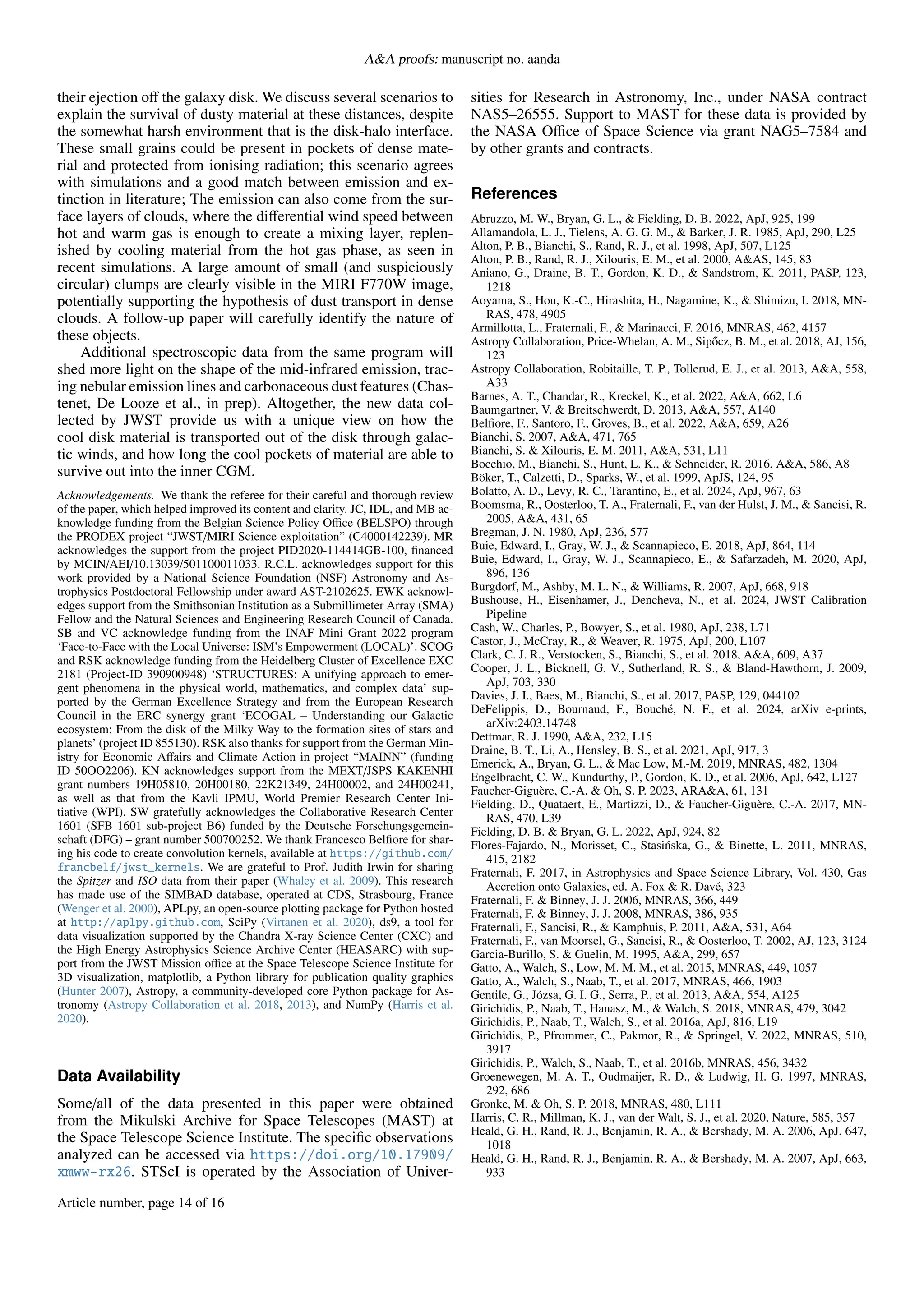 A&A proofs: manuscript no. aanda
their ejection off the galaxy disk. We discuss several scenarios to
explain the survival of dusty material at these distances, despite
the somewhat harsh environment that is the disk-halo interface.
These small grains could be present in pockets of dense mate-
rial and protected from ionising radiation; this scenario agrees
with simulations and a good match between emission and ex-
tinction in literature; The emission can also come from the sur-
face layers of clouds, where the differential wind speed between
hot and warm gas is enough to create a mixing layer, replen-
ished by cooling material from the hot gas phase, as seen in
recent simulations. A large amount of small (and suspiciously
circular) clumps are clearly visible in the MIRI F770W image,
potentially supporting the hypothesis of dust transport in dense
clouds. A follow-up paper will carefully identify the nature of
these objects.
Additional spectroscopic data from the same program will
shed more light on the shape of the mid-infrared emission, trac-
ing nebular emission lines and carbonaceous dust features (Chas-
tenet, De Looze et al., in prep). Altogether, the new data col-
lected by JWST provide us with a unique view on how the
cool disk material is transported out of the disk through galac-
tic winds, and how long the cool pockets of material are able to
survive out into the inner CGM.
Acknowledgements. We thank the referee for their careful and thorough review
of the paper, which helped improved its content and clarity. JC, IDL, and MB ac-
knowledge funding from the Belgian Science Policy Office (BELSPO) through
the PRODEX project “JWST/MIRI Science exploitation” (C4000142239). MR
acknowledges the support from the project PID2020-114414GB-100, financed
by MCIN/AEI/10.13039/501100011033. R.C.L. acknowledges support for this
work provided by a National Science Foundation (NSF) Astronomy and As-
trophysics Postdoctoral Fellowship under award AST-2102625. EWK acknowl-
edges support from the Smithsonian Institution as a Submillimeter Array (SMA)
Fellow and the Natural Sciences and Engineering Research Council of Canada.
SB and VC acknowledge funding from the INAF Mini Grant 2022 program
‘Face-to-Face with the Local Universe: ISM’s Empowerment (LOCAL)’. SCOG
and RSK acknowledge funding from the Heidelberg Cluster of Excellence EXC
2181 (Project-ID 390900948) ‘STRUCTURES: A unifying approach to emer-
gent phenomena in the physical world, mathematics, and complex data’ sup-
ported by the German Excellence Strategy and from the European Research
Council in the ERC synergy grant ‘ECOGAL – Understanding our Galactic
ecosystem: From the disk of the Milky Way to the formation sites of stars and
planets’ (project ID 855130). RSK also thanks for support from the German Min-
istry for Economic Affairs and Climate Action in project “MAINN” (funding
ID 50OO2206). KN acknowledges support from the MEXT/JSPS KAKENHI
grant numbers 19H05810, 20H00180, 22K21349, 24H00002, and 24H00241,
as well as that from the Kavli IPMU, World Premier Research Center Ini-
tiative (WPI). SW gratefully acknowledges the Collaborative Research Center
1601 (SFB 1601 sub-project B6) funded by the Deutsche Forschungsgemein-
schaft (DFG) – grant number 500700252. We thank Francesco Belfiore for shar-
ing his code to create convolution kernels, available at https://github.com/
francbelf/jwst_kernels. We are grateful to Prof. Judith Irwin for sharing
the Spitzer and ISO data from their paper (Whaley et al. 2009). This research
has made use of the SIMBAD database, operated at CDS, Strasbourg, France
(Wenger et al. 2000), APLpy, an open-source plotting package for Python hosted
at http://aplpy.github.com, SciPy (Virtanen et al. 2020), ds9, a tool for
data visualization supported by the Chandra X-ray Science Center (CXC) and
the High Energy Astrophysics Science Archive Center (HEASARC) with sup-
port from the JWST Mission office at the Space Telescope Science Institute for
3D visualization, matplotlib, a Python library for publication quality graphics
(Hunter 2007), Astropy, a community-developed core Python package for As-
tronomy (Astropy Collaboration et al. 2018, 2013), and NumPy (Harris et al.
2020).
Data Availability
Some/all of the data presented in this paper were obtained
from the Mikulski Archive for Space Telescopes (MAST) at
the Space Telescope Science Institute. The specific observations
analyzed can be accessed via https://doi.org/10.17909/
xmww-rx26. STScI is operated by the Association of Univer-
sities for Research in Astronomy, Inc., under NASA contract
NAS5–26555. Support to MAST for these data is provided by
the NASA Office of Space Science via grant NAG5–7584 and
by other grants and contracts.
References
Abruzzo, M. W., Bryan, G. L., & Fielding, D. B. 2022, ApJ, 925, 199
Allamandola, L. J., Tielens, A. G. G. M., & Barker, J. R. 1985, ApJ, 290, L25
Alton, P. B., Bianchi, S., Rand, R. J., et al. 1998, ApJ, 507, L125
Alton, P. B., Rand, R. J., Xilouris, E. M., et al. 2000, A&AS, 145, 83
Aniano, G., Draine, B. T., Gordon, K. D., & Sandstrom, K. 2011, PASP, 123,
1218
Aoyama, S., Hou, K.-C., Hirashita, H., Nagamine, K., & Shimizu, I. 2018, MN-
RAS, 478, 4905
Armillotta, L., Fraternali, F., & Marinacci, F. 2016, MNRAS, 462, 4157
Astropy Collaboration, Price-Whelan, A. M., Sipőcz, B. M., et al. 2018, AJ, 156,
123
Astropy Collaboration, Robitaille, T. P., Tollerud, E. J., et al. 2013, A&A, 558,
A33
Barnes, A. T., Chandar, R., Kreckel, K., et al. 2022, A&A, 662, L6
Baumgartner, V. & Breitschwerdt, D. 2013, A&A, 557, A140
Belfiore, F., Santoro, F., Groves, B., et al. 2022, A&A, 659, A26
Bianchi, S. 2007, A&A, 471, 765
Bianchi, S. & Xilouris, E. M. 2011, A&A, 531, L11
Bocchio, M., Bianchi, S., Hunt, L. K., & Schneider, R. 2016, A&A, 586, A8
Böker, T., Calzetti, D., Sparks, W., et al. 1999, ApJS, 124, 95
Bolatto, A. D., Levy, R. C., Tarantino, E., et al. 2024, ApJ, 967, 63
Boomsma, R., Oosterloo, T. A., Fraternali, F., van der Hulst, J. M., & Sancisi, R.
2005, A&A, 431, 65
Bregman, J. N. 1980, ApJ, 236, 577
Buie, Edward, I., Gray, W. J., & Scannapieco, E. 2018, ApJ, 864, 114
Buie, Edward, I., Gray, W. J., Scannapieco, E., & Safarzadeh, M. 2020, ApJ,
896, 136
Burgdorf, M., Ashby, M. L. N., & Williams, R. 2007, ApJ, 668, 918
Bushouse, H., Eisenhamer, J., Dencheva, N., et al. 2024, JWST Calibration
Pipeline
Cash, W., Charles, P., Bowyer, S., et al. 1980, ApJ, 238, L71
Castor, J., McCray, R., & Weaver, R. 1975, ApJ, 200, L107
Clark, C. J. R., Verstocken, S., Bianchi, S., et al. 2018, A&A, 609, A37
Cooper, J. L., Bicknell, G. V., Sutherland, R. S., & Bland-Hawthorn, J. 2009,
ApJ, 703, 330
Davies, J. I., Baes, M., Bianchi, S., et al. 2017, PASP, 129, 044102
DeFelippis, D., Bournaud, F., Bouché, N. F., et al. 2024, arXiv e-prints,
arXiv:2403.14748
Dettmar, R. J. 1990, A&A, 232, L15
Draine, B. T., Li, A., Hensley, B. S., et al. 2021, ApJ, 917, 3
Emerick, A., Bryan, G. L., & Mac Low, M.-M. 2019, MNRAS, 482, 1304
Engelbracht, C. W., Kundurthy, P., Gordon, K. D., et al. 2006, ApJ, 642, L127
Faucher-Giguère, C.-A. & Oh, S. P. 2023, ARA&A, 61, 131
Fielding, D., Quataert, E., Martizzi, D., & Faucher-Giguère, C.-A. 2017, MN-
RAS, 470, L39
Fielding, D. B. & Bryan, G. L. 2022, ApJ, 924, 82
Flores-Fajardo, N., Morisset, C., Stasińska, G., & Binette, L. 2011, MNRAS,
415, 2182
Fraternali, F. 2017, in Astrophysics and Space Science Library, Vol. 430, Gas
Accretion onto Galaxies, ed. A. Fox & R. Davé, 323
Fraternali, F. & Binney, J. J. 2006, MNRAS, 366, 449
Fraternali, F. & Binney, J. J. 2008, MNRAS, 386, 935
Fraternali, F., Sancisi, R., & Kamphuis, P. 2011, A&A, 531, A64
Fraternali, F., van Moorsel, G., Sancisi, R., & Oosterloo, T. 2002, AJ, 123, 3124
Garcia-Burillo, S. & Guelin, M. 1995, A&A, 299, 657
Gatto, A., Walch, S., Low, M. M. M., et al. 2015, MNRAS, 449, 1057
Gatto, A., Walch, S., Naab, T., et al. 2017, MNRAS, 466, 1903
Gentile, G., Józsa, G. I. G., Serra, P., et al. 2013, A&A, 554, A125
Girichidis, P., Naab, T., Hanasz, M., & Walch, S. 2018, MNRAS, 479, 3042
Girichidis, P., Naab, T., Walch, S., et al. 2016a, ApJ, 816, L19
Girichidis, P., Pfrommer, C., Pakmor, R., & Springel, V. 2022, MNRAS, 510,
3917
Girichidis, P., Walch, S., Naab, T., et al. 2016b, MNRAS, 456, 3432
Groenewegen, M. A. T., Oudmaijer, R. D., & Ludwig, H. G. 1997, MNRAS,
292, 686
Gronke, M. & Oh, S. P. 2018, MNRAS, 480, L111
Harris, C. R., Millman, K. J., van der Walt, S. J., et al. 2020, Nature, 585, 357
Heald, G. H., Rand, R. J., Benjamin, R. A., & Bershady, M. A. 2006, ApJ, 647,
1018
Heald, G. H., Rand, R. J., Benjamin, R. A., & Bershady, M. A. 2007, ApJ, 663,
933
Article number, page 14 of 16
 